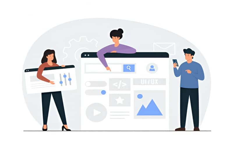 Web development ideas – Team of designers creating a functional UI/UX web interface in a flat vector style